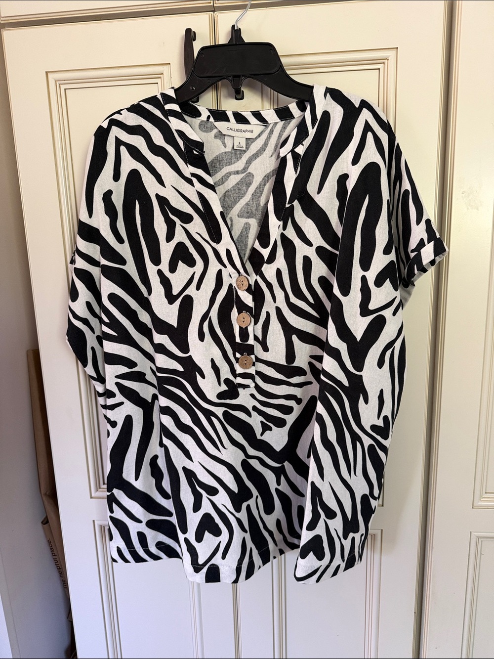 CALLIGRAPHY Black & White Zebra-Print Button V-Neck Blouse